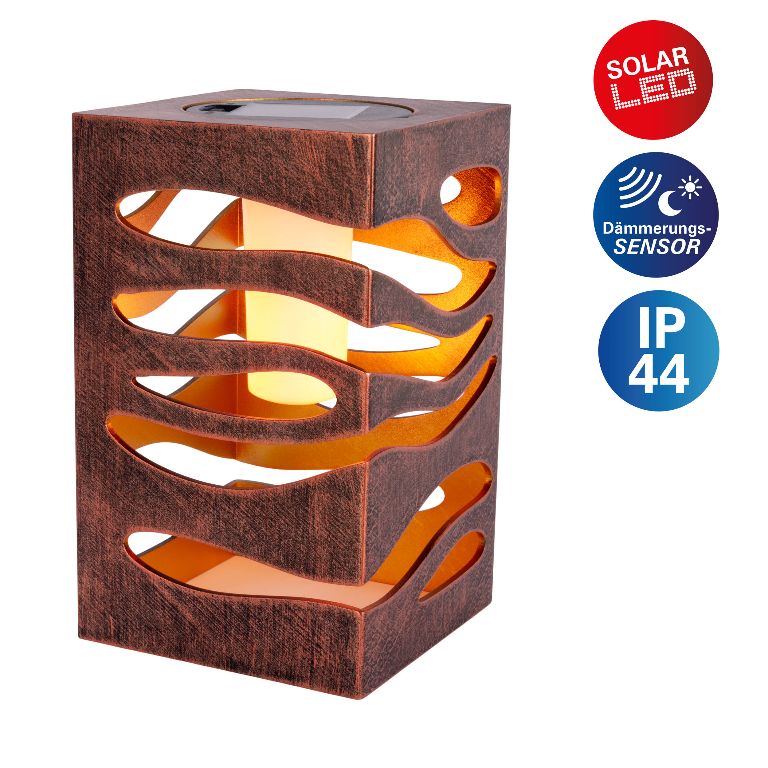 Eine quadratische Solar-LED-Außenleuchte mit Bronze-Finish, mit einem Ausschnitt-Design.