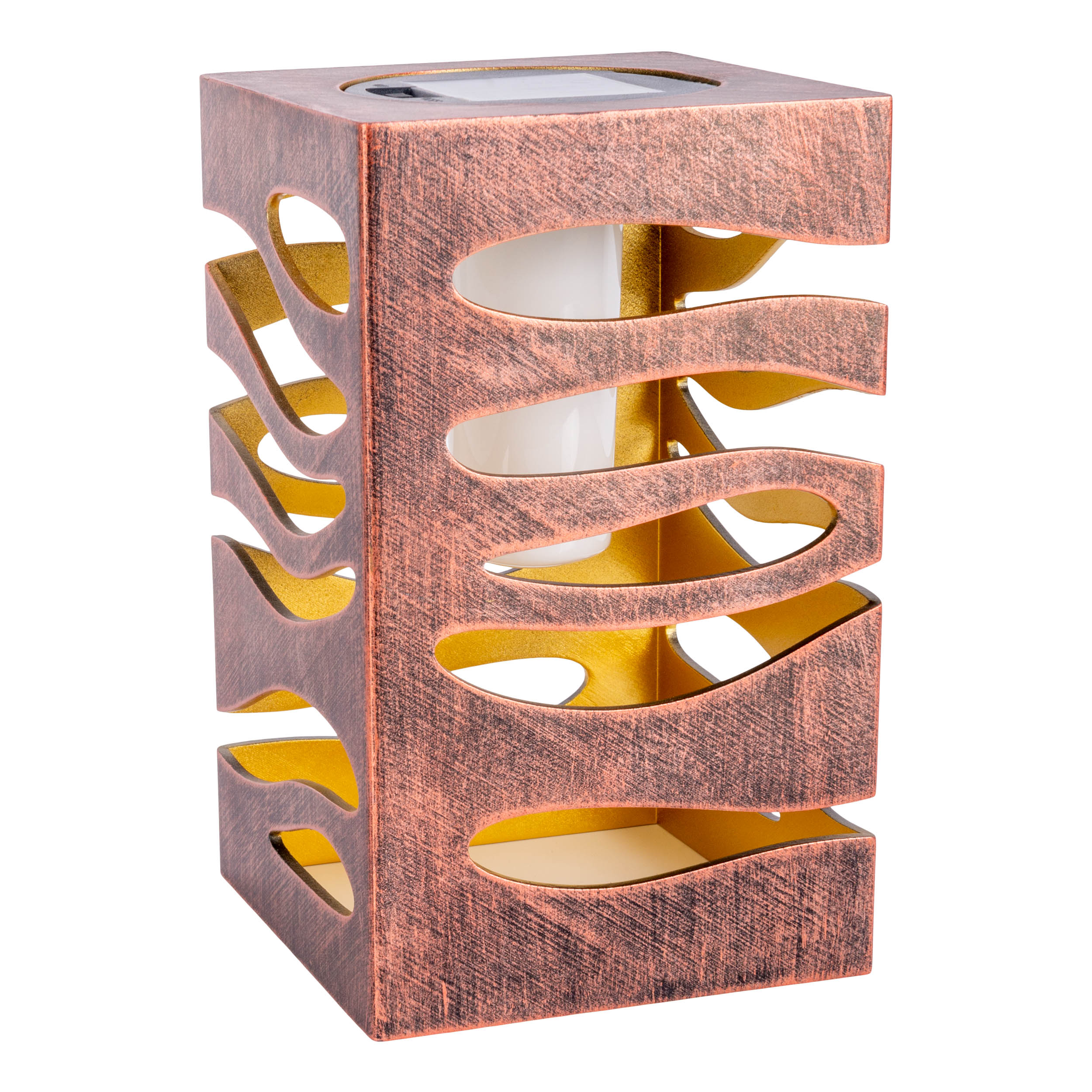 Kupferfarbene Lampe mit quadratischer Form, Ausschnittdesign und weißem Licht im Inneren. Weißer Hintergrund.