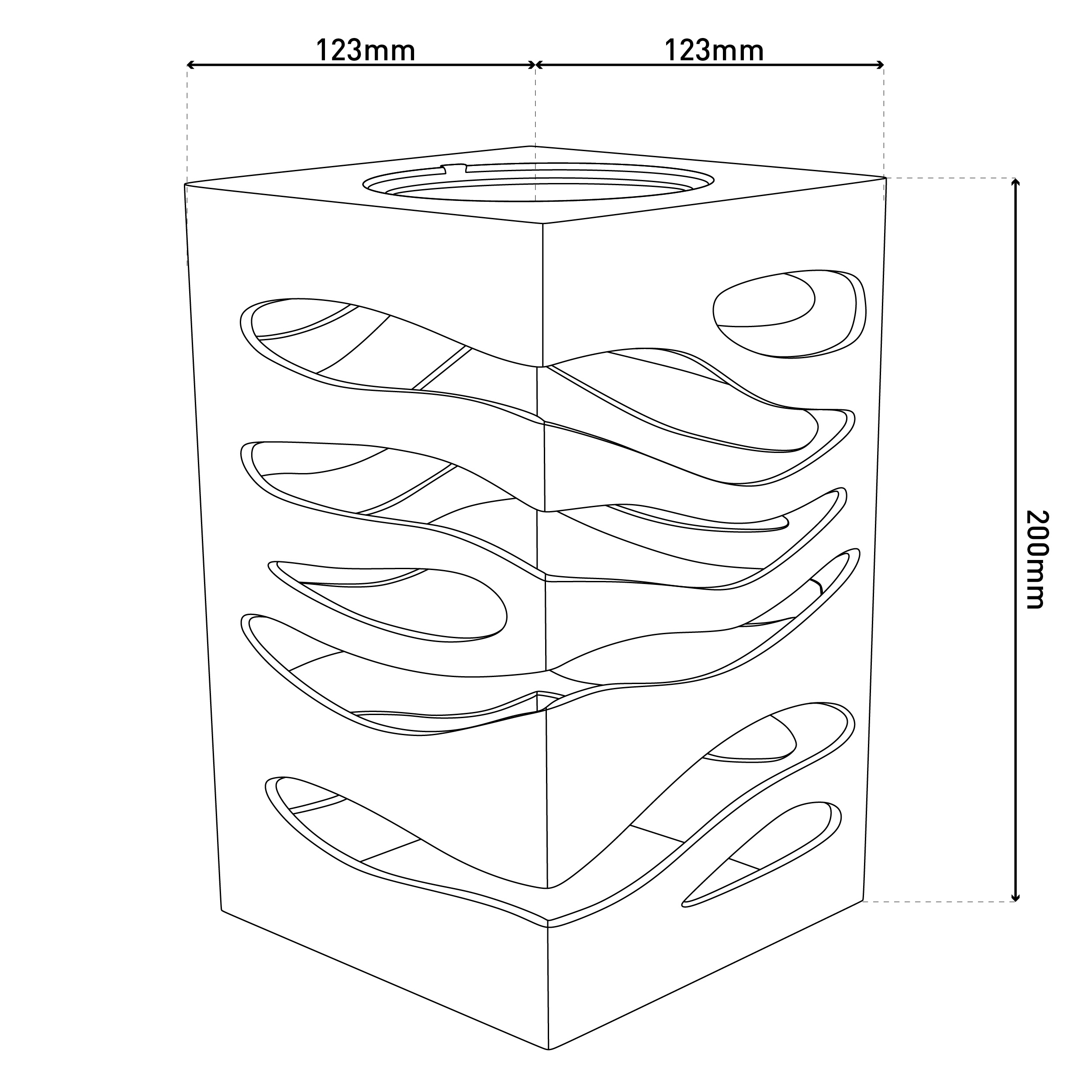 Eine würfelförmige Holzstruktur mit offenem Design und den Maßen 123mm x 123mm und 200mm Höhe.