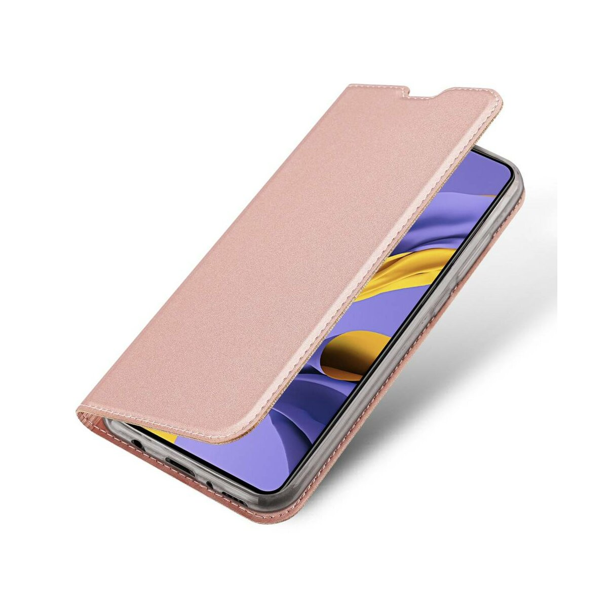 Una custodia rosa per telefono con un telefono all'interno, aperta per rivelare lo schermo.