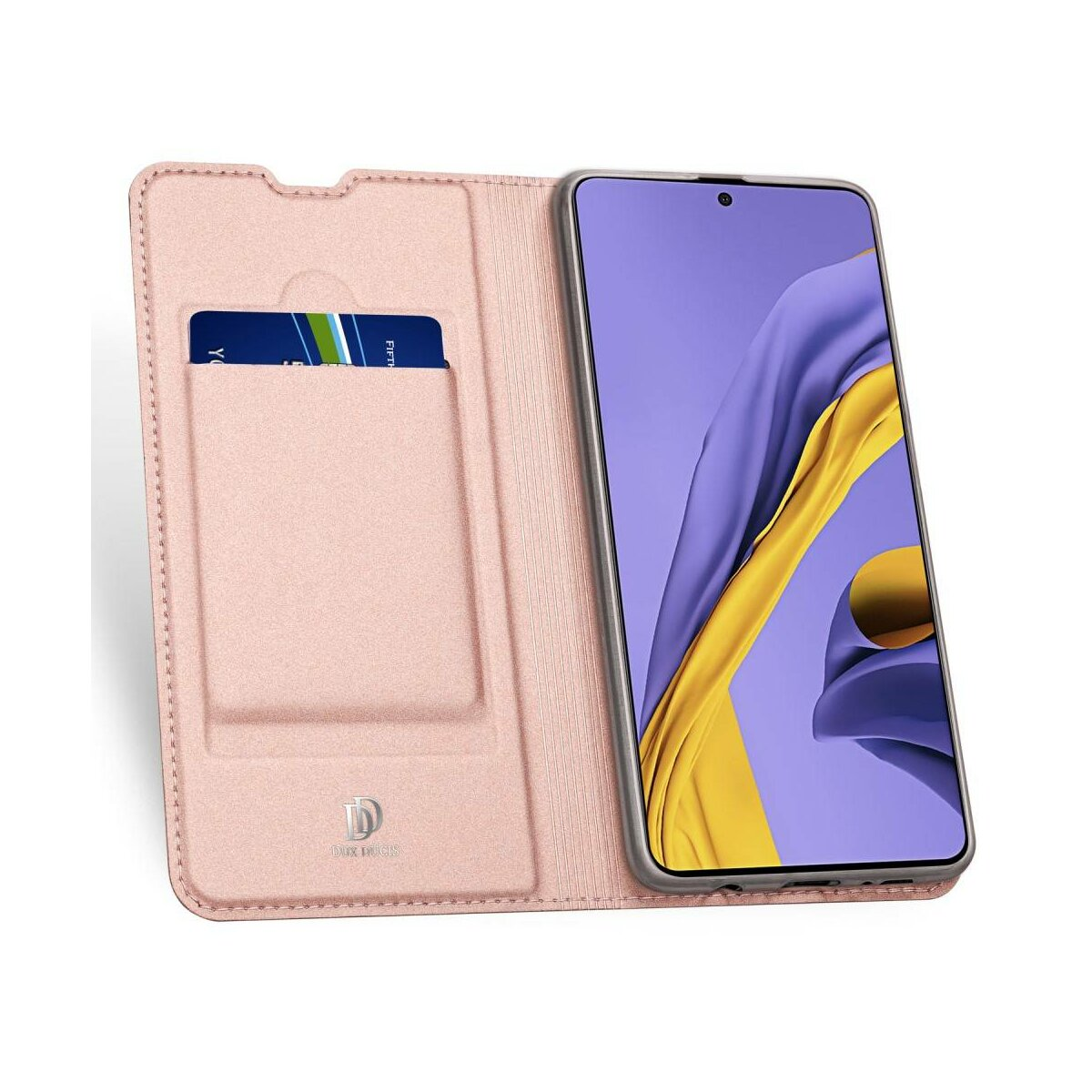Custodia rosa per telefono con smartphone. Il telefono mostra un'immagine viola e gialla.