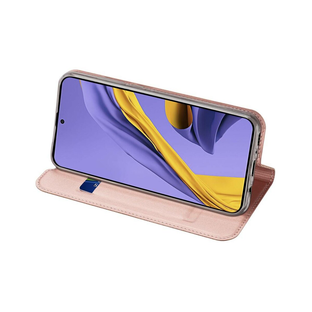 Custodia per telefono rosa, aperta, con un telefono all'interno. Una carta di credito è visibile.