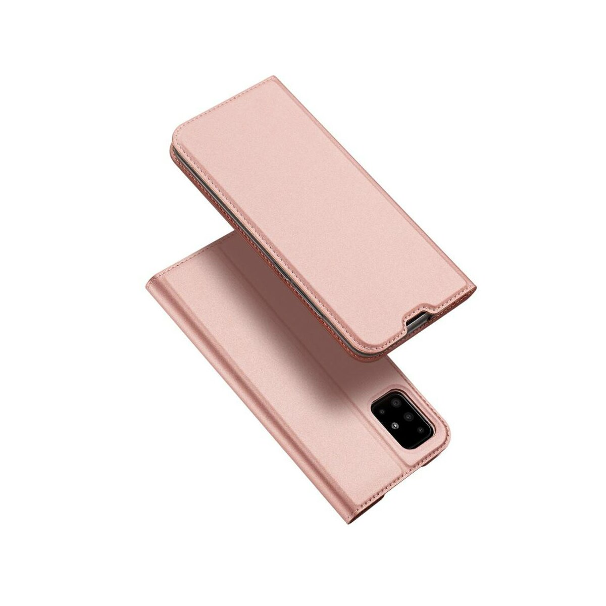 Custodia rosa per telefono, aperta, che mostra l'interno. La custodia è in materiale morbido e chiaro.