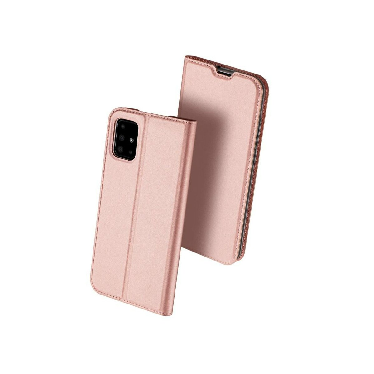 Custodia rosa per telefono, aperta, con scomparti per carte e telefono all'interno.