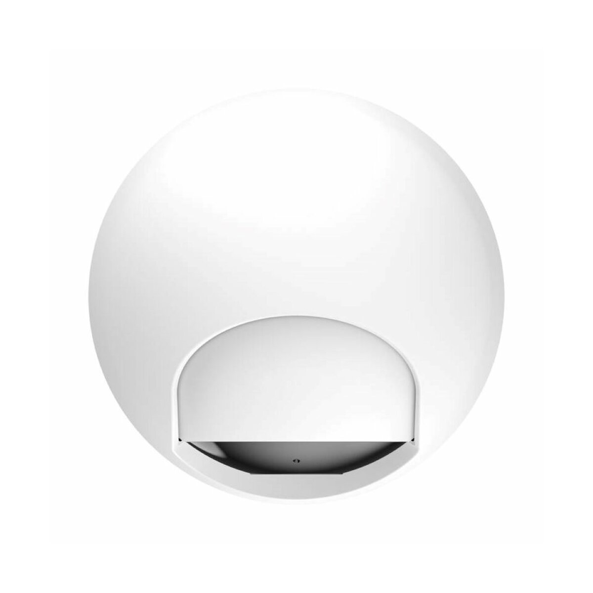 Weißes ovales Smart-Home-Gerät mit einer gebogenen Öffnung unten. Weißer Hintergrund.