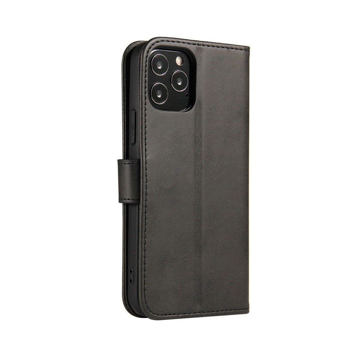Custodia per telefono in pelle nera, chiusa, con lenti della fotocamera visibili. Chiusura magnetica.