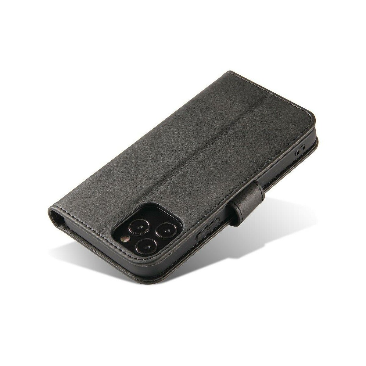 Una custodia per telefono nera, chiusa, con la fotocamera del telefono visibile.