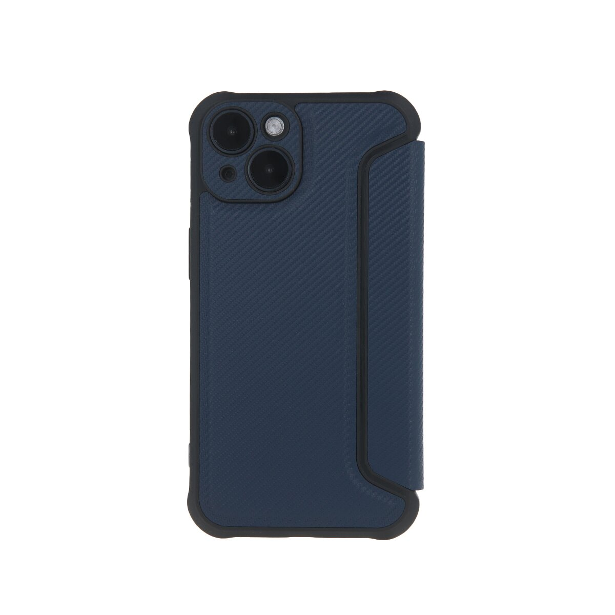 Custodia blu per telefono con dettagli neri. La custodia è aperta, mostrando le lenti della fotocamera. Sfondo bianco.