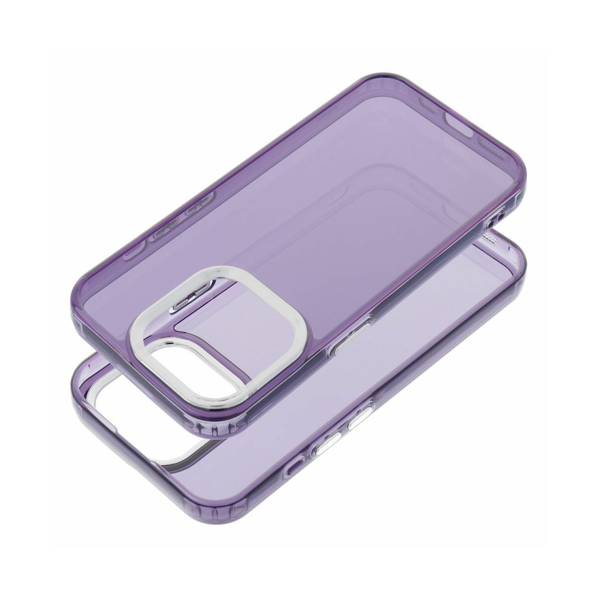 Una custodia per telefono viola su una superficie bianca. La custodia ha un ritaglio per la fotocamera.