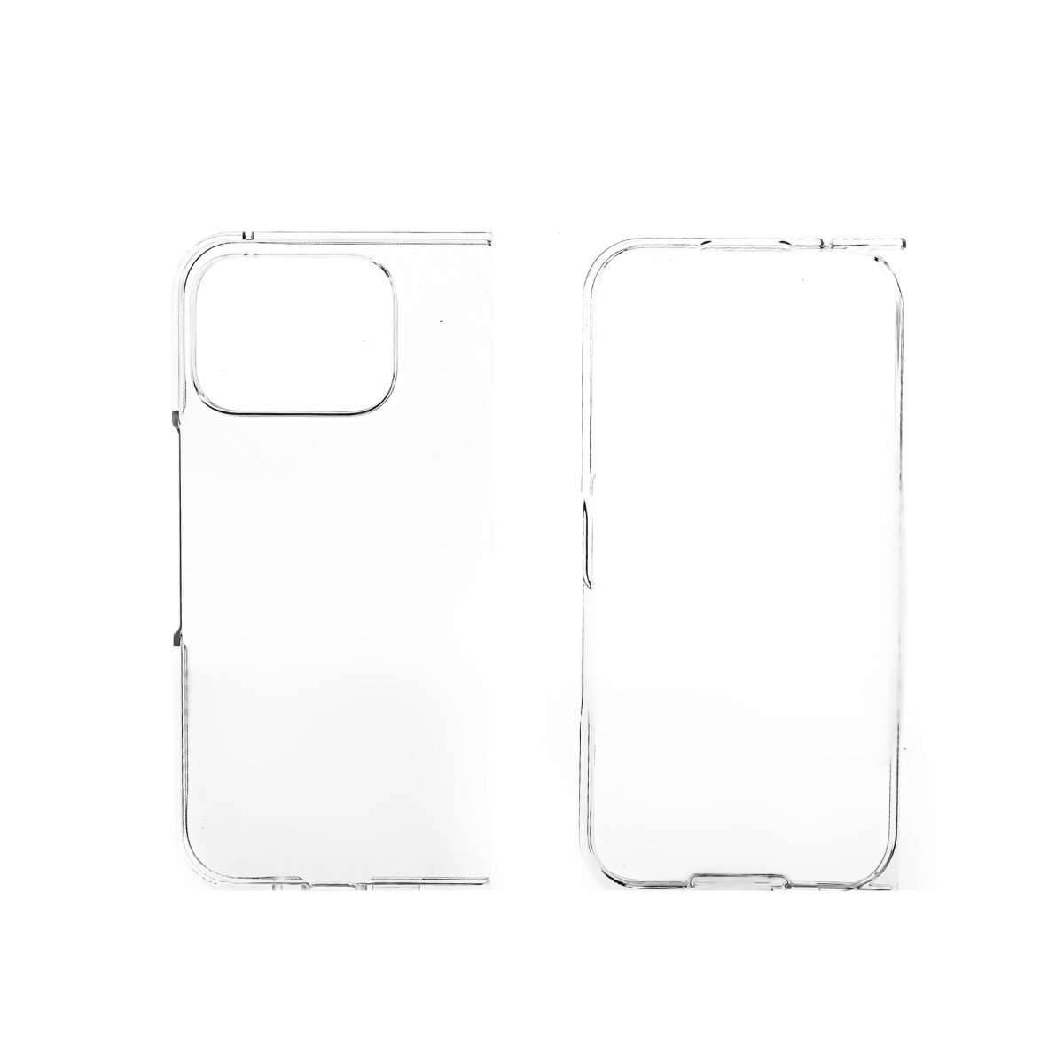 Due custodie trasparenti per telefono, che delineano la forma di un telefono. Una è di lato, l'altra in piedi.