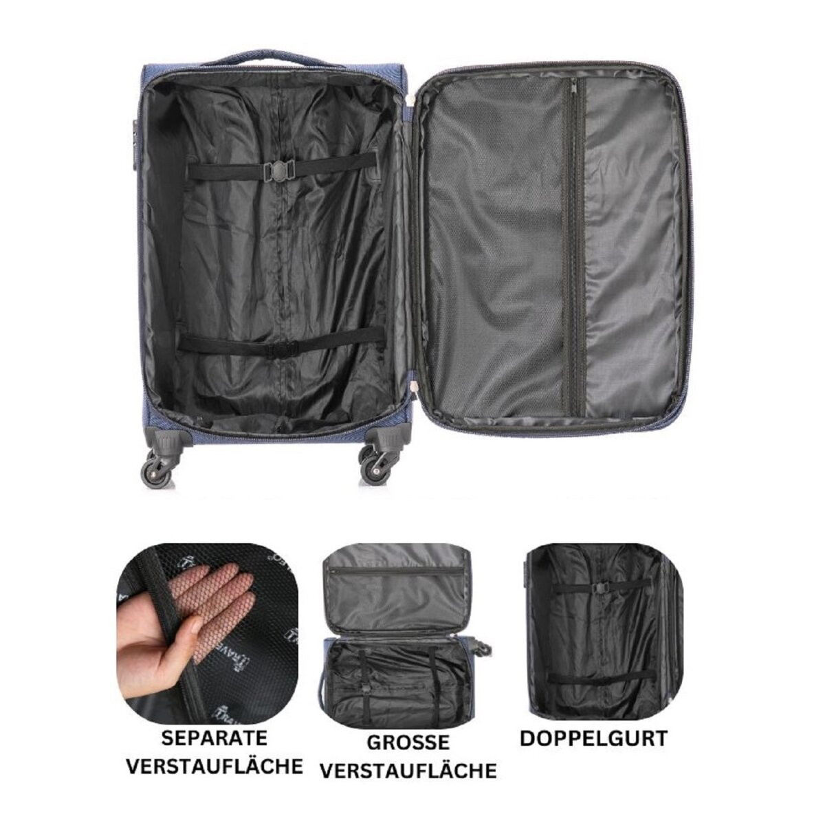 Offener blauer Koffer. Zeigt Fächer, Gurte und zusätzliche Stauraumdetails mit Etiketten.
