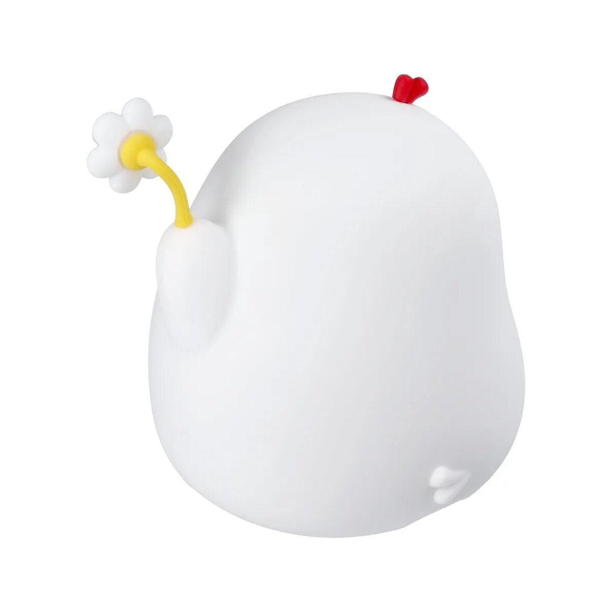 Weiße Küken-Lampe mit Blume und rotem Herz auf dem Kopf.