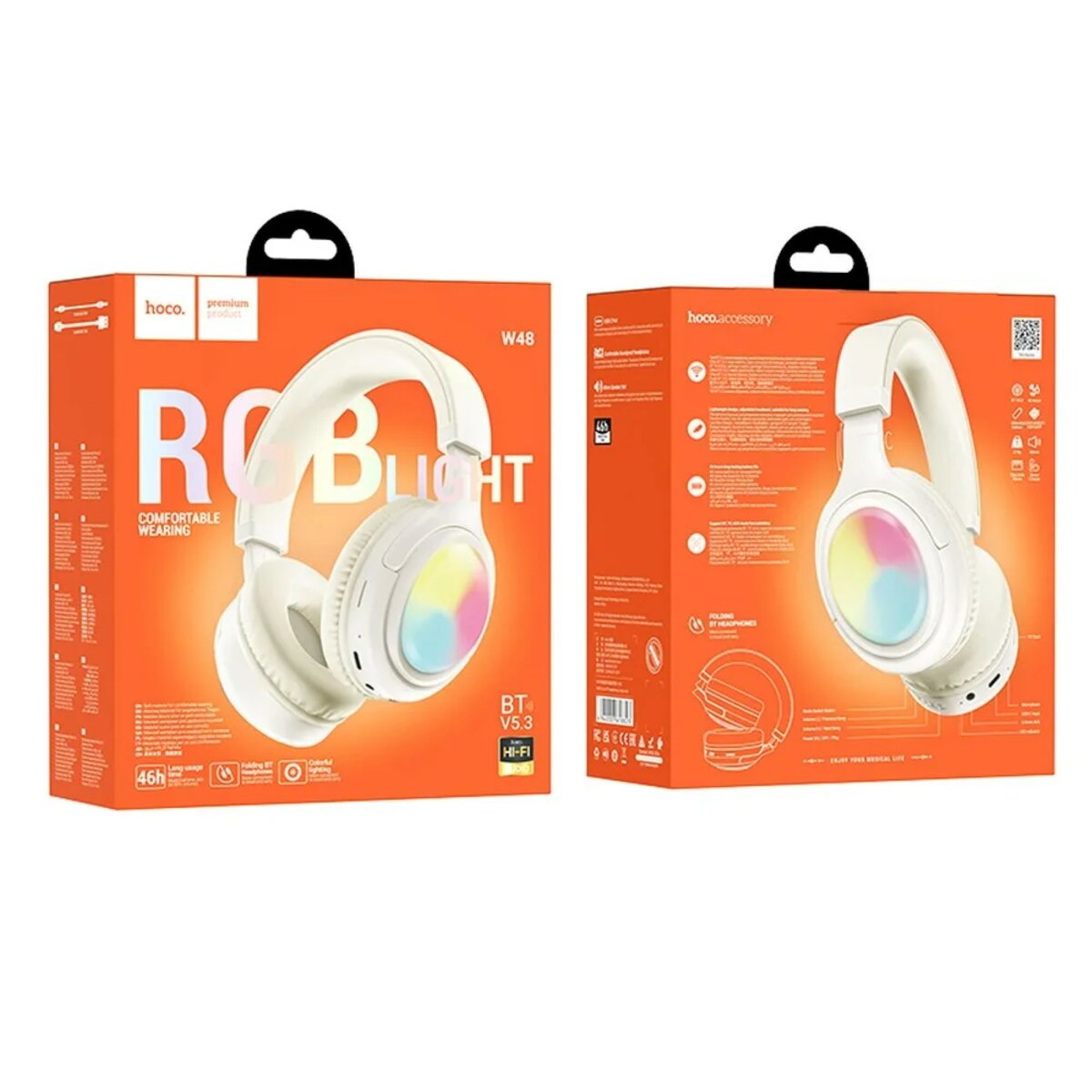 Zwei orangefarbene Kartons mit weißen Kopfhörern. Die Kopfhörer haben RGB-Lichter. Produktinfo auf den Kartons.