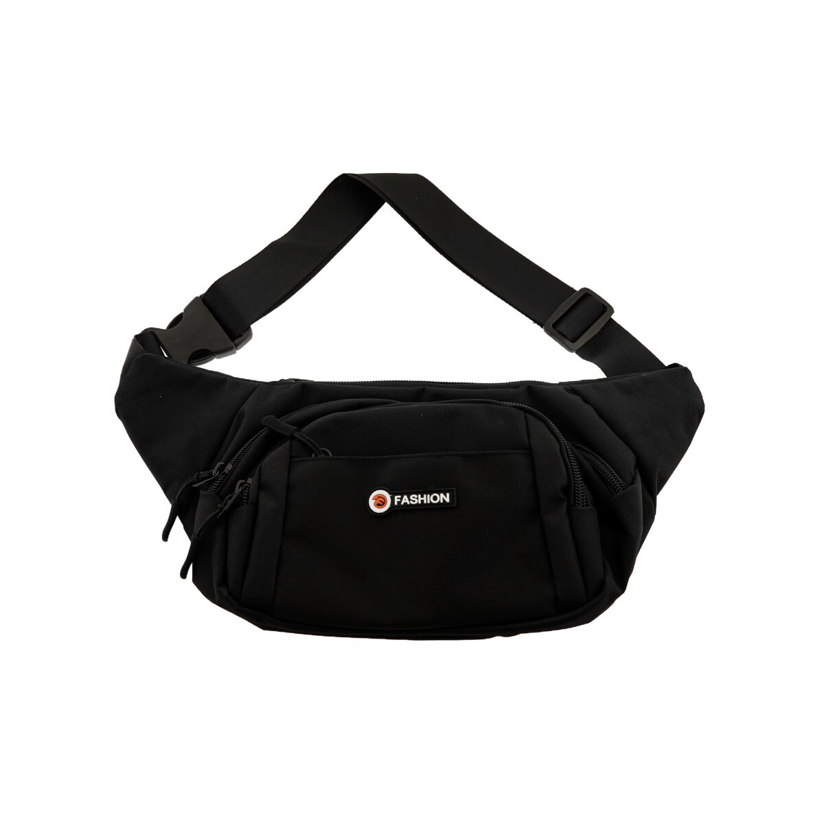 Schwarze Bauchtasche mit rotem 'FASHION'-Logo und Reißverschlüssen.