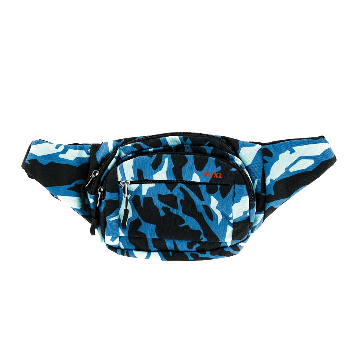 Blau-schwarze Camouflage-Gürteltasche mit Reißverschluss und rotem Text.