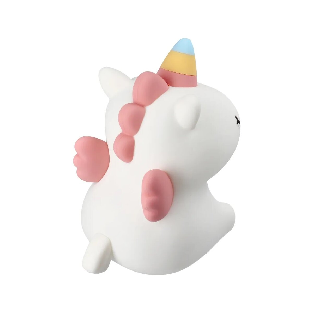 Ein weißes Einhorn-Spielzeug mit rosa Flügeln und Mähne. Es hat ein farbenfrohes Horn.