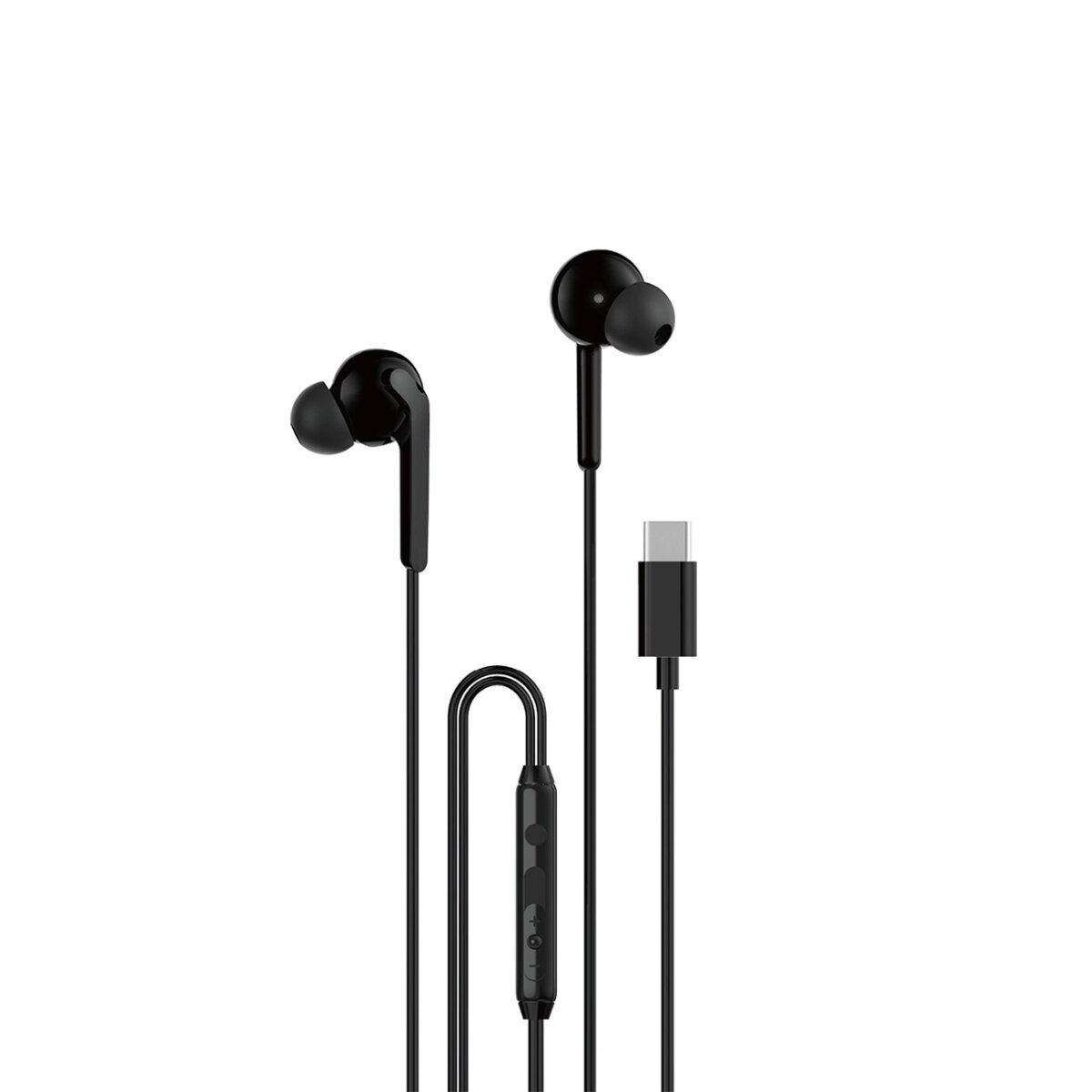Auricolari neri con cavo con connettore USB-C, controllo del volume e sfondo bianco. Gli auricolari sono angolati verso sinistra.