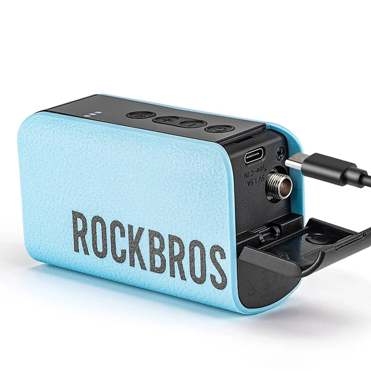 Ein blau-schwarzes Gerät mit dem Wort "ROCKBROS" und einem USB-Anschluss mit Kabel.