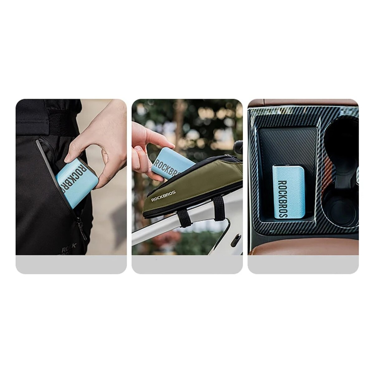 Ein blaues Rockbros-Etui in drei verschiedenen Positionen: Tasche, Fahrrad und Konsole.