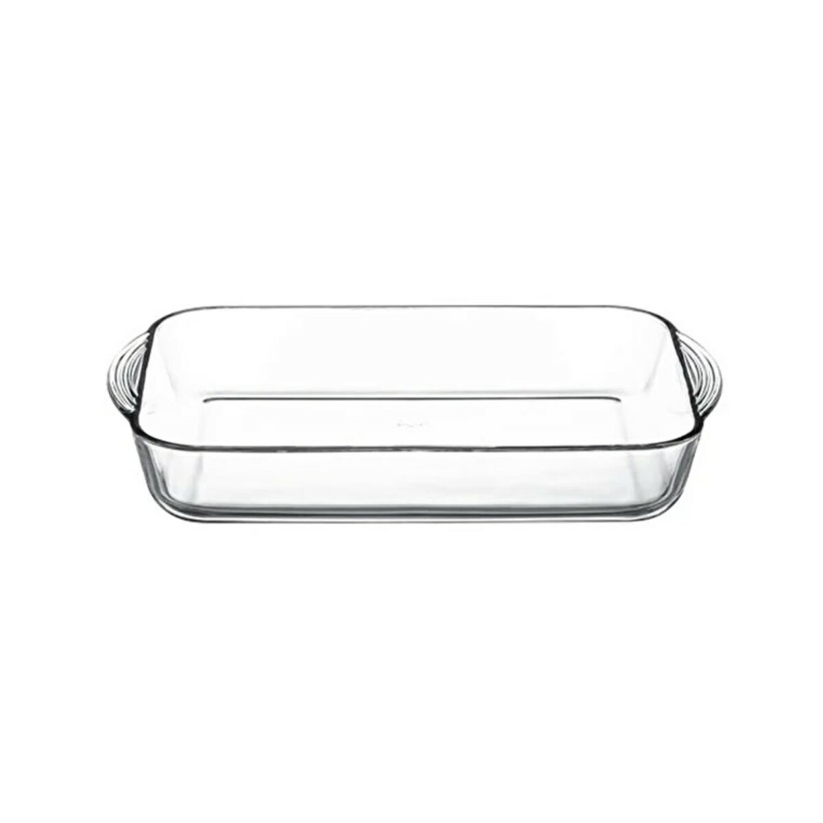 Eine rechteckige Backform aus Glas mit Griffen auf weißem Hintergrund.