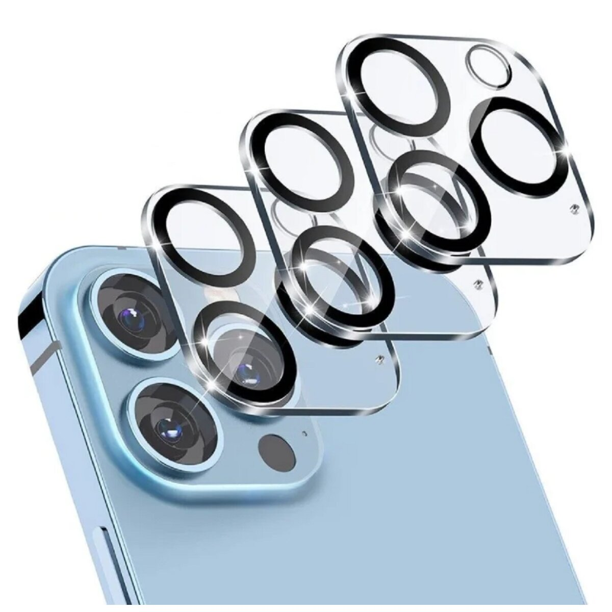 Ein Telefon mit Kameraschutzgläsern davor auf blauem Hintergrund.