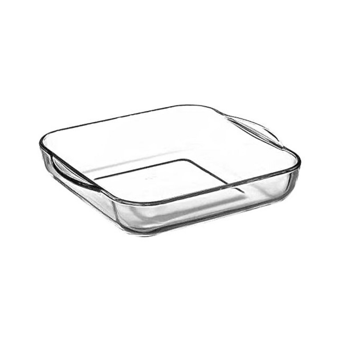 Eine transparente Glas-Backform. Es ist eine quadratische Form mit Griffen an jeder Seite.