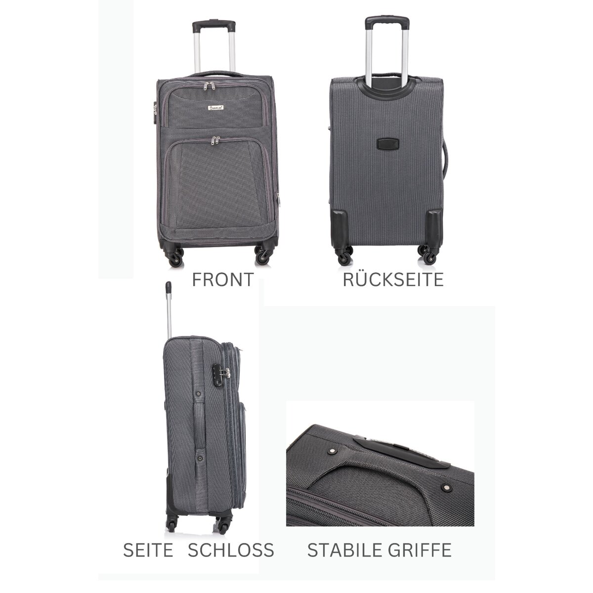 Drei Bilder eines grauen Koffers. Vorder-, Rückseite, Seite und Griffdetails werden gezeigt.