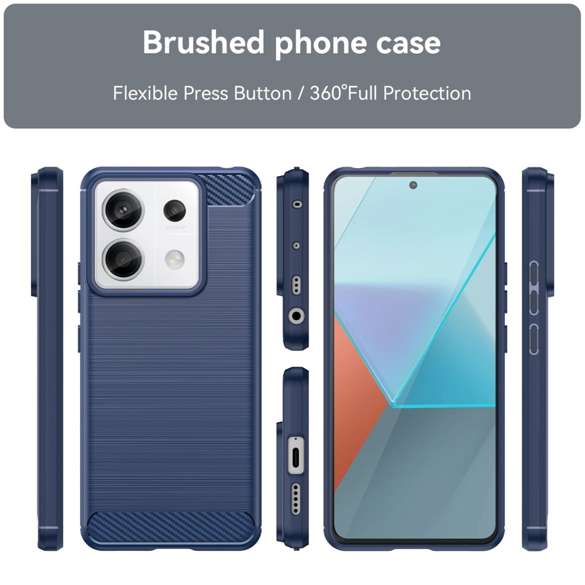 Una custodia per telefono blu scuro con retro strutturato. Ha ritagli per fotocamere, pulsanti e porte.