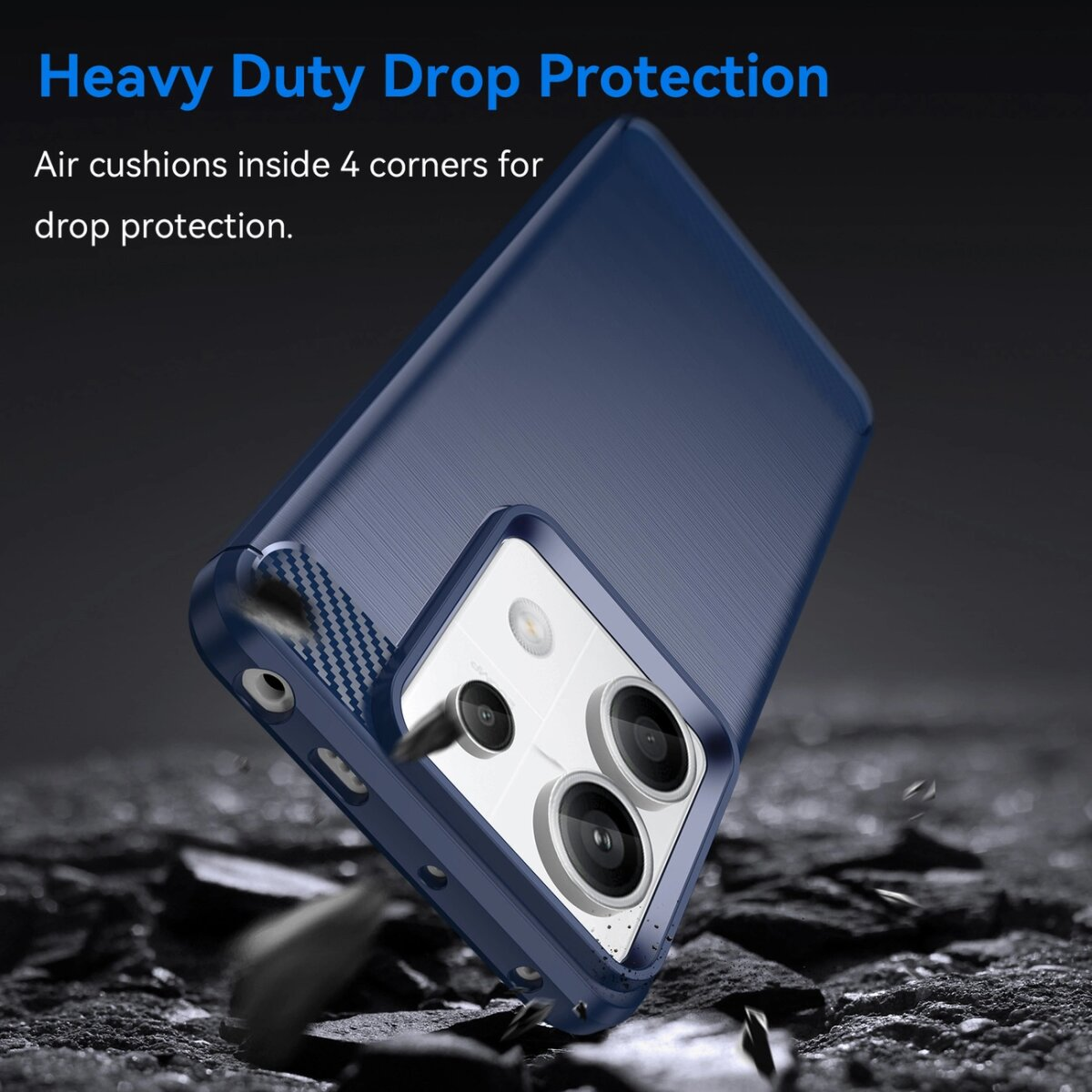 Custodia blu con motivo strutturato, angolata. Testo: Heavy Duty Drop Protection.