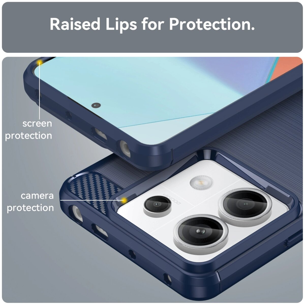 Primo piano di una custodia blu per telefono, che evidenzia protezione schermo e fotocamera.