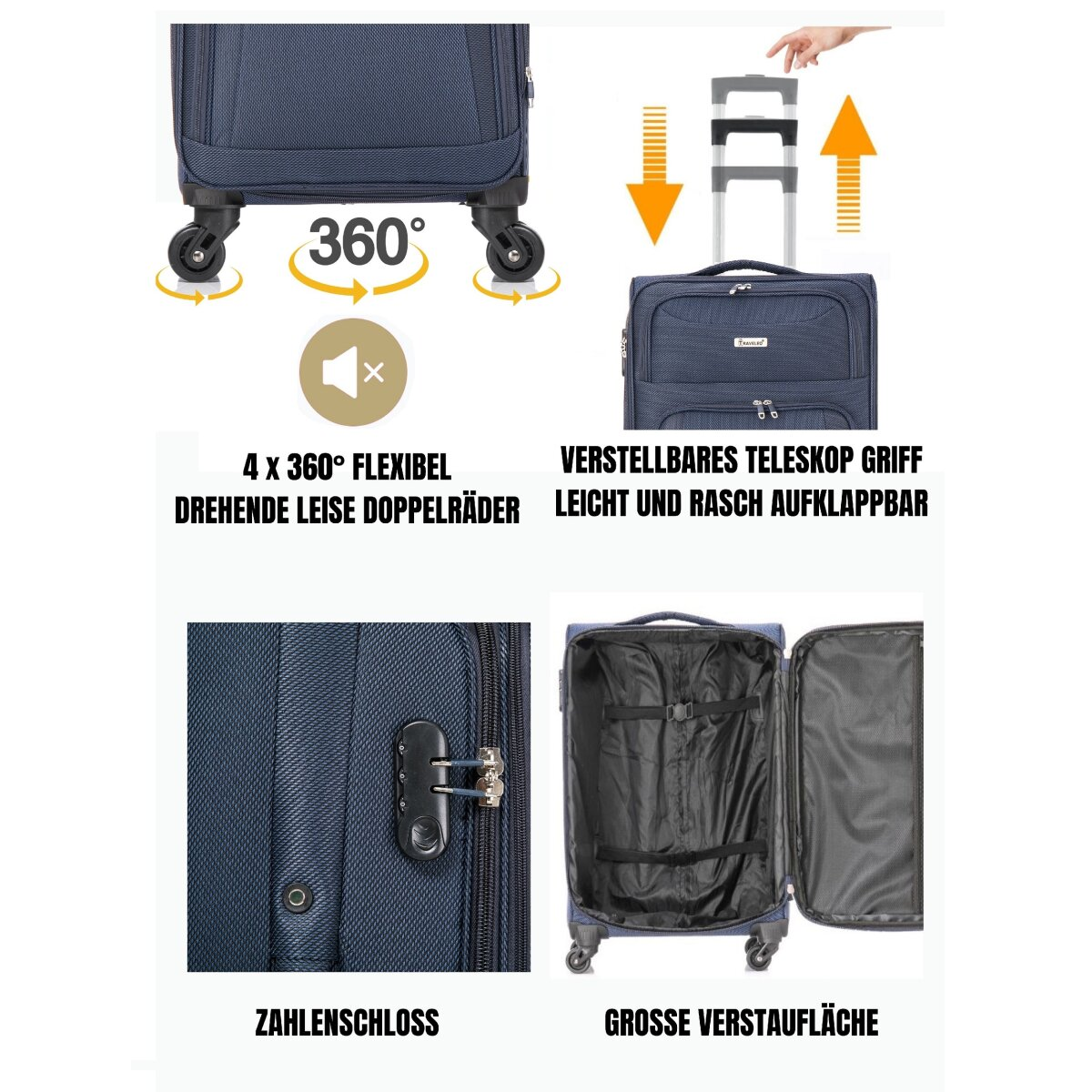 Ein blauer Koffer mit mehreren Bildern, die Details zeigen: Räder, Griff, Schloss und Innenraum.