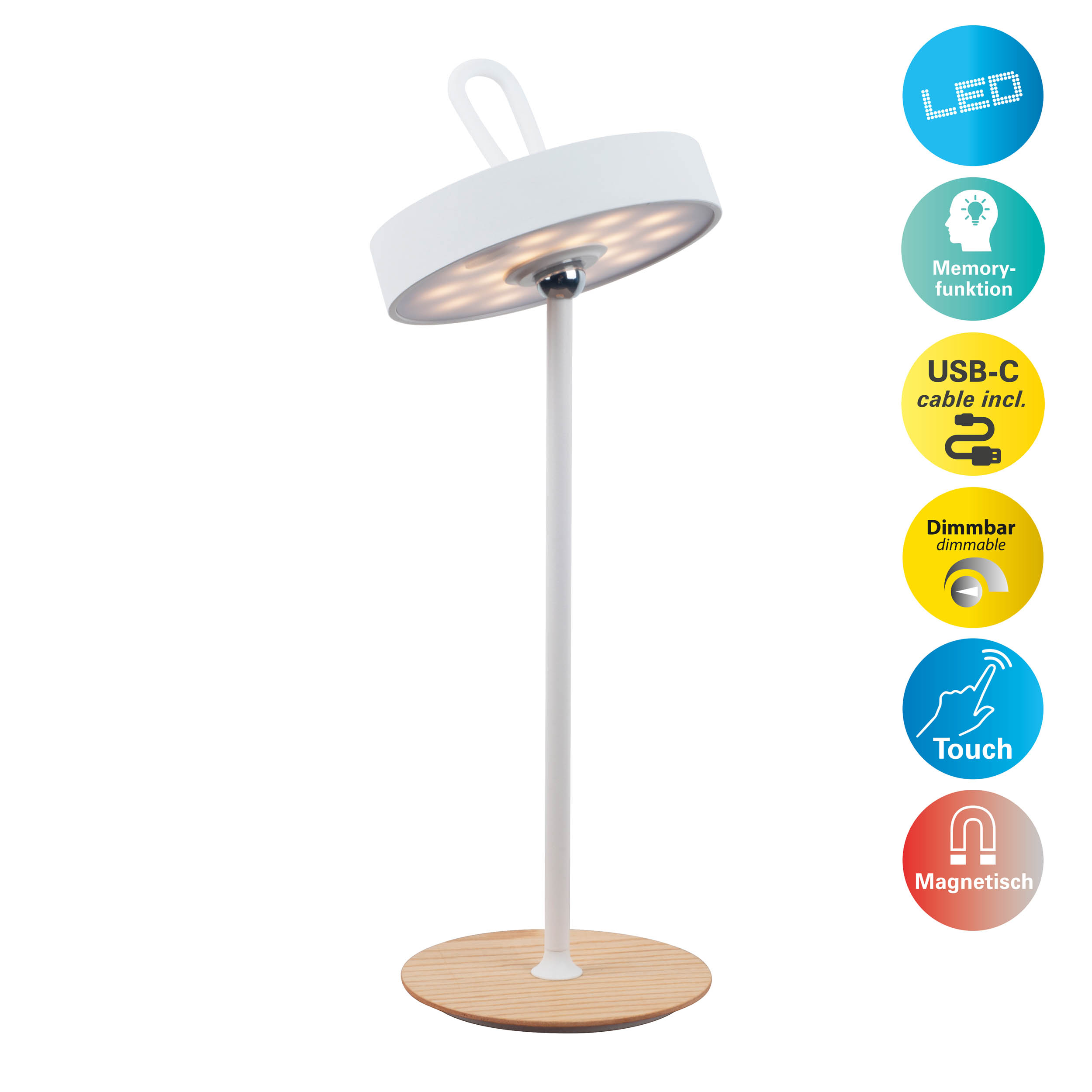 Weiße Lampe mit LED-Leuchten und Holzsockel. Hat Touch-, Dimm- und Magnetfunktionen.