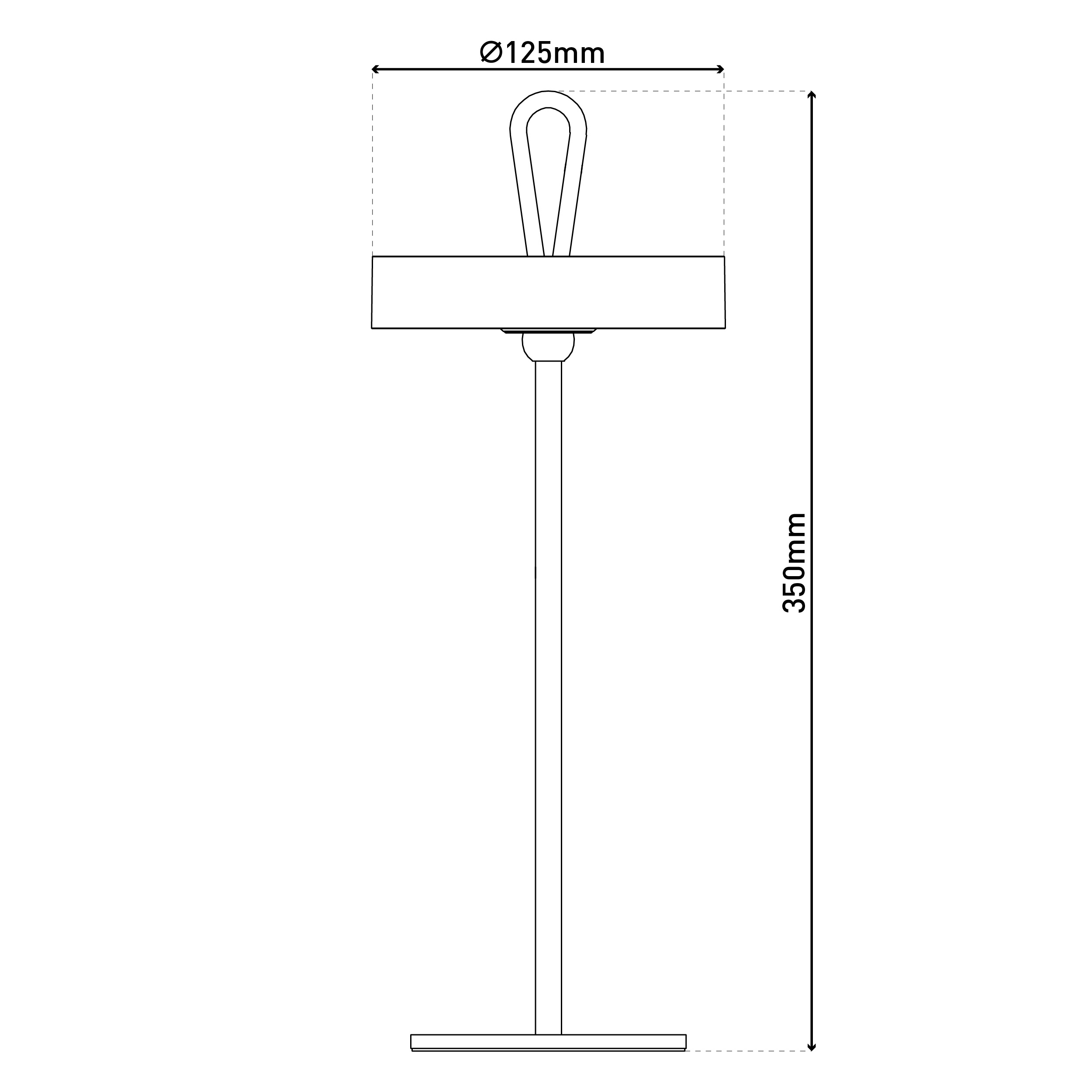 Strichzeichnung einer Lampe. Sie hat einen rechteckigen Kopf und einen hohen, dünnen Ständer.