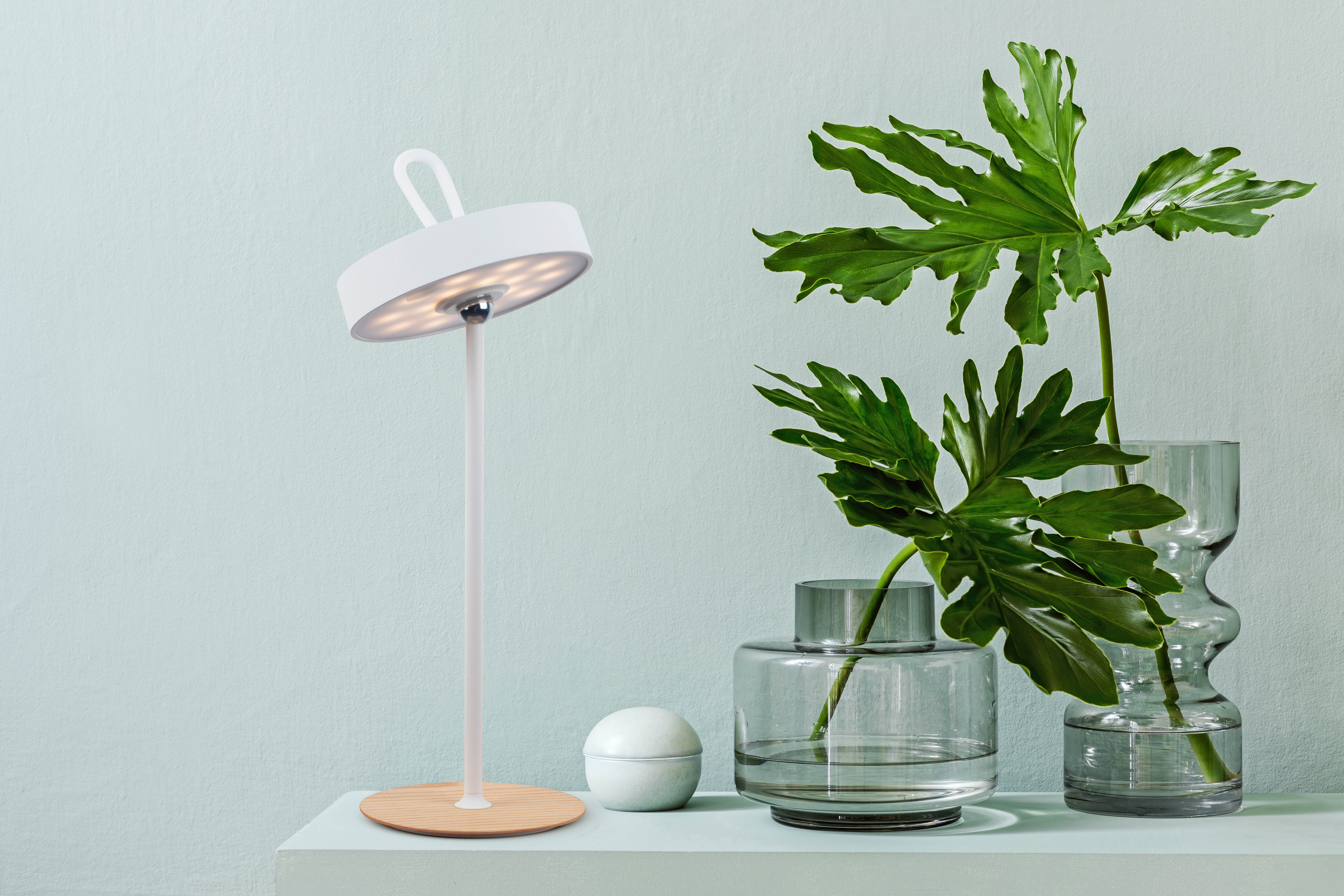 Eine weiße Tischlampe mit Holzsockel und eine grüne Pflanze in einer Glasvase.