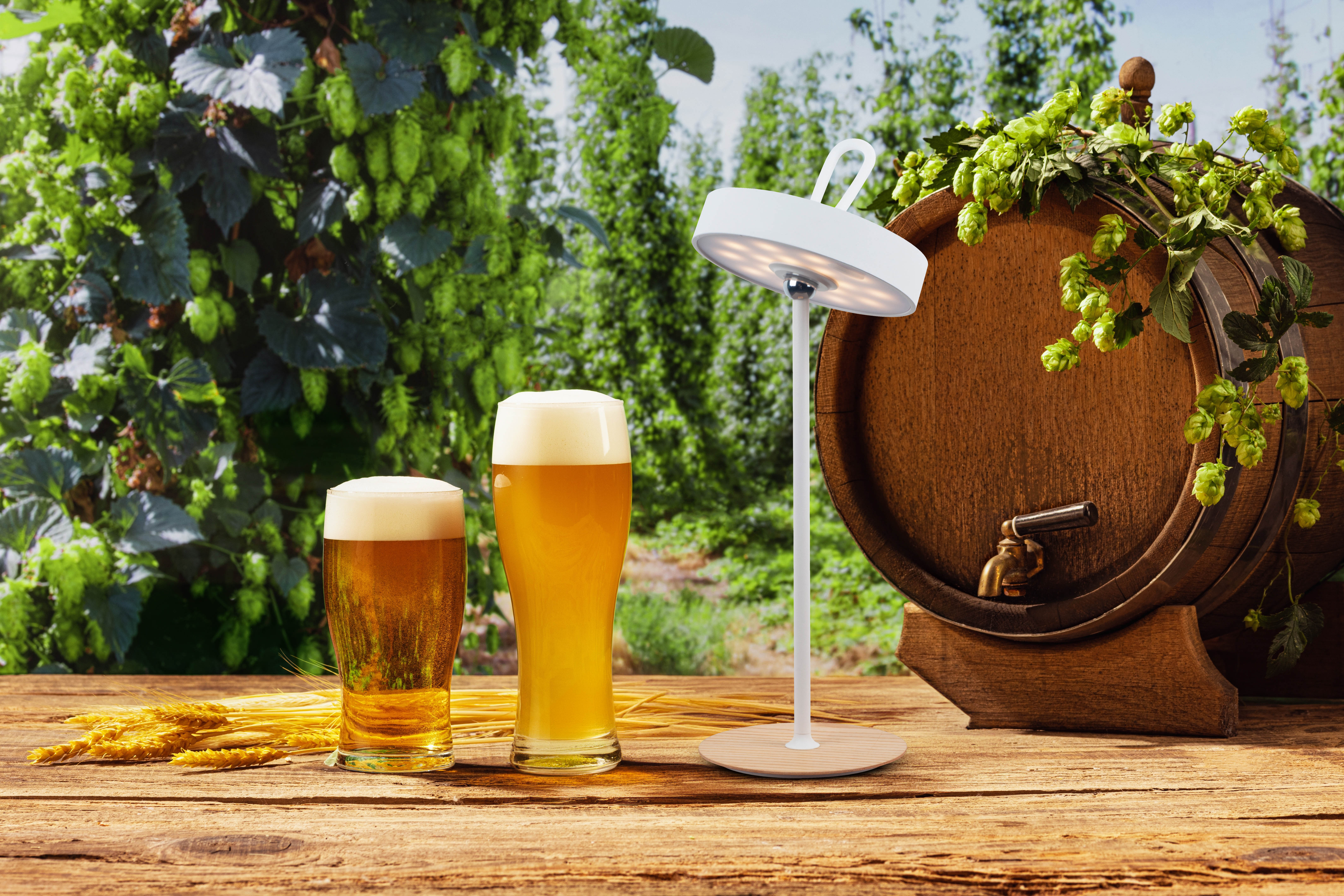 Zwei Biere, eine Lampe und Hopfen. Hintergrund: Holztisch und Bar.