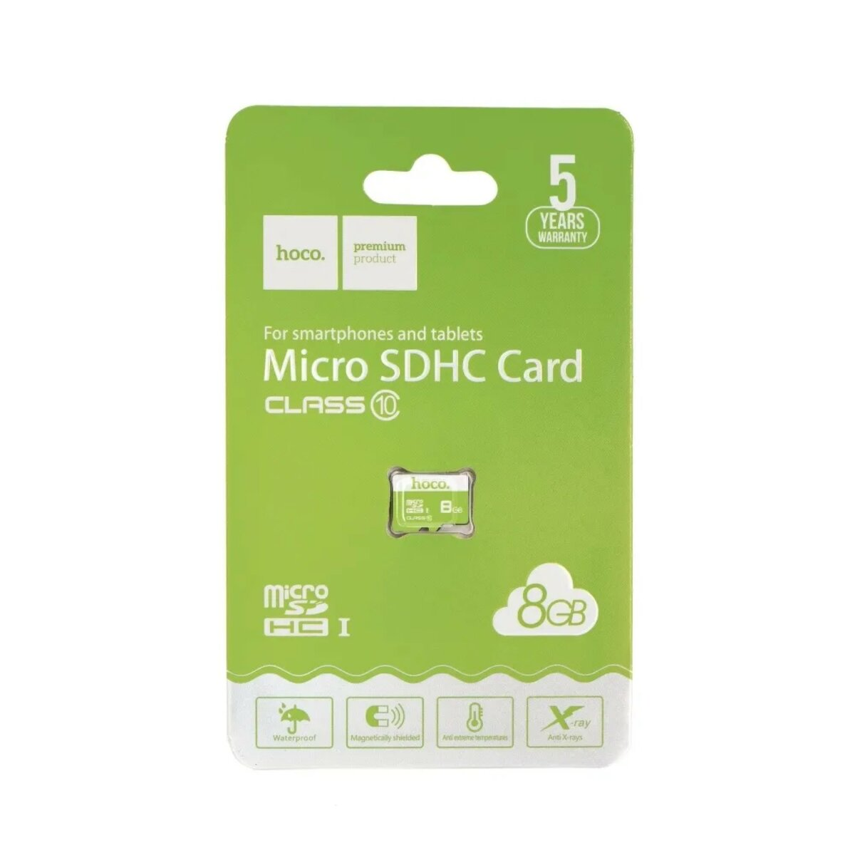 Grüne und weiße Micro-SDHC-Kartenverpackung, 8 GB, mit wasserdichten Anti-Röntgen-Symbolen.