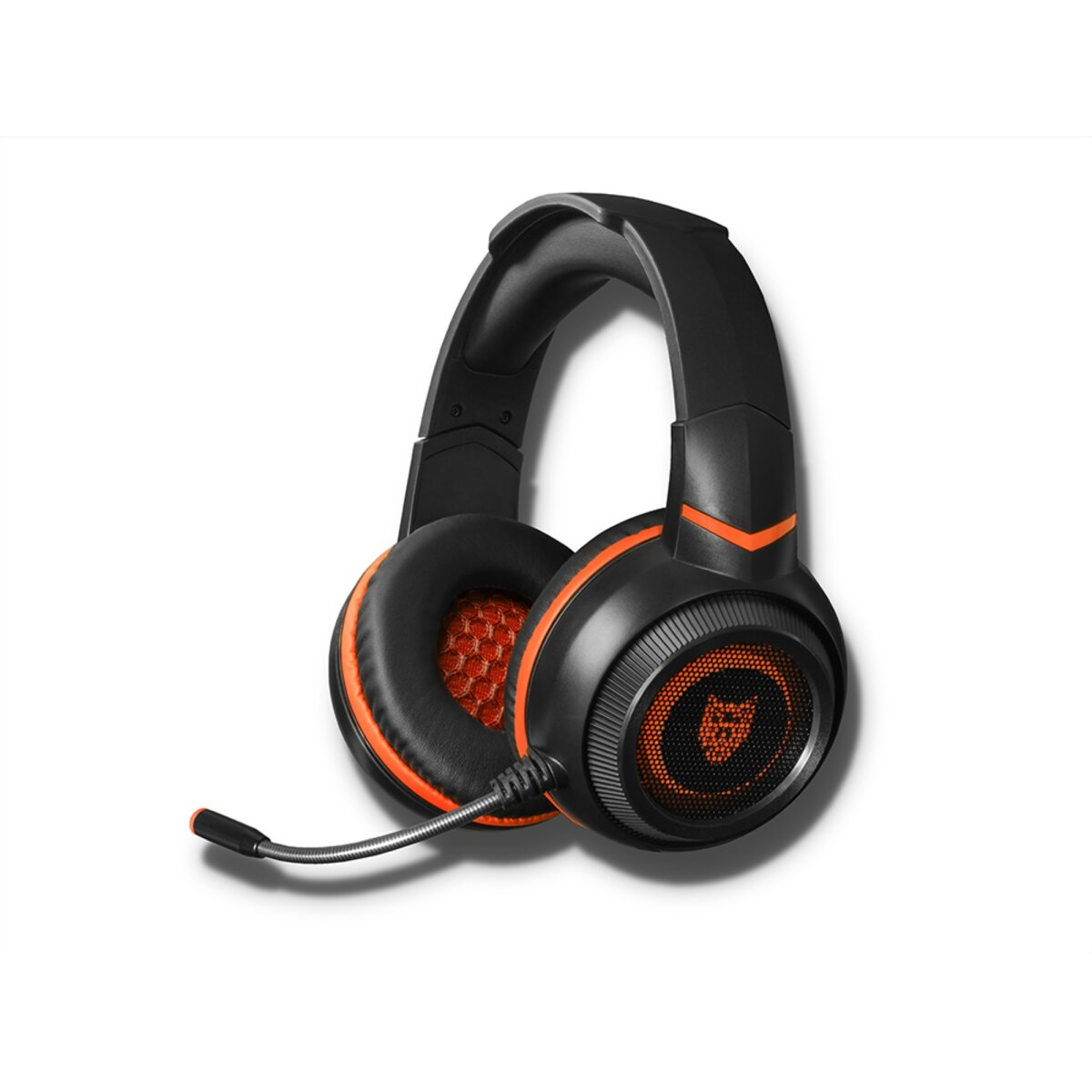 Cuffie da gioco nere e arancioni. Hanno un microfono e sono su sfondo bianco. I padiglioni auricolari sono arancioni all'interno.