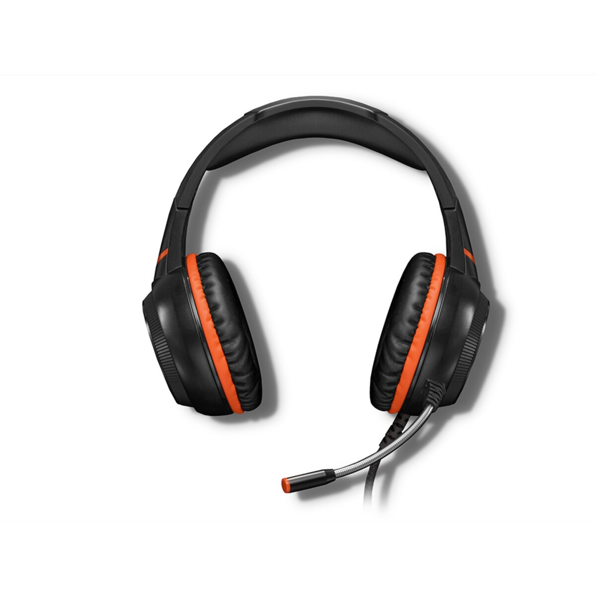 Cuffie da gioco nere e arancioni su sfondo bianco. L'auricolare ha un microfono ed è inclinato verso destra.