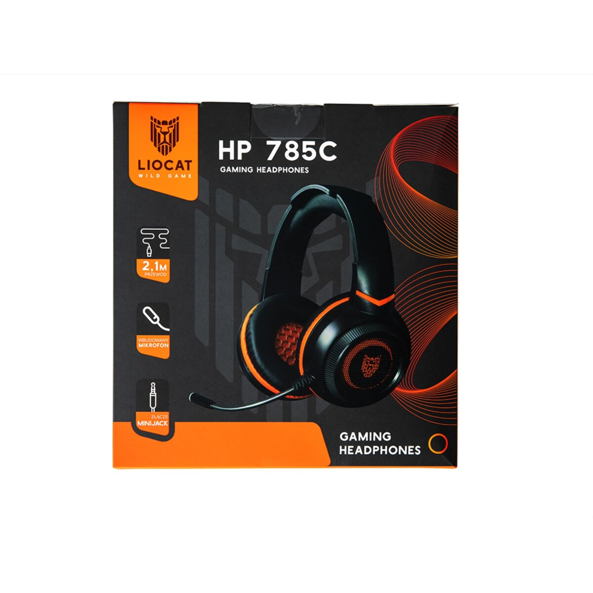 Scatola delle cuffie. Cuffie nere e arancioni mostrate. Testo: 'HP 785C GAMING HEADPHONES'. Sono presenti anche loghi e icone.