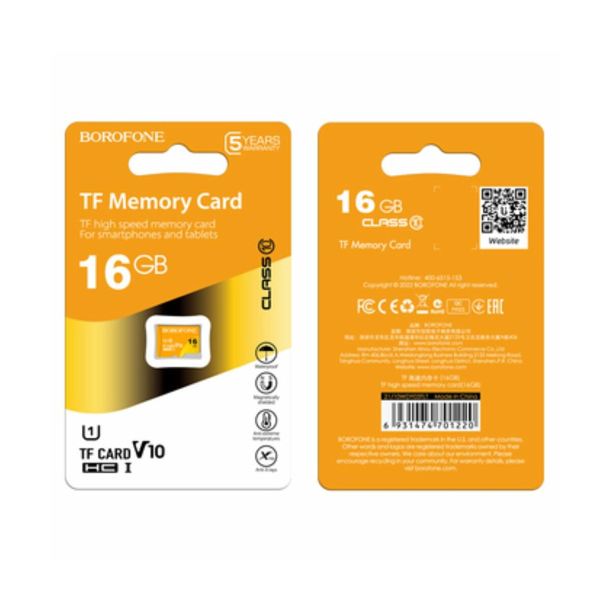 Doppelseitige Verpackung für eine 16 GB TF-Speicherkarte. Vorderseite mit Karte, Rückseite mit Text und QR-Code.