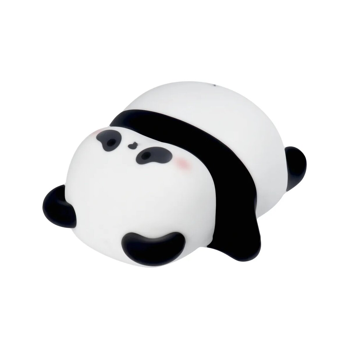 Niedliches Panda-Spielzeug. Es ist weiß mit schwarzen Markierungen. Es liegt auf dem Bauch.