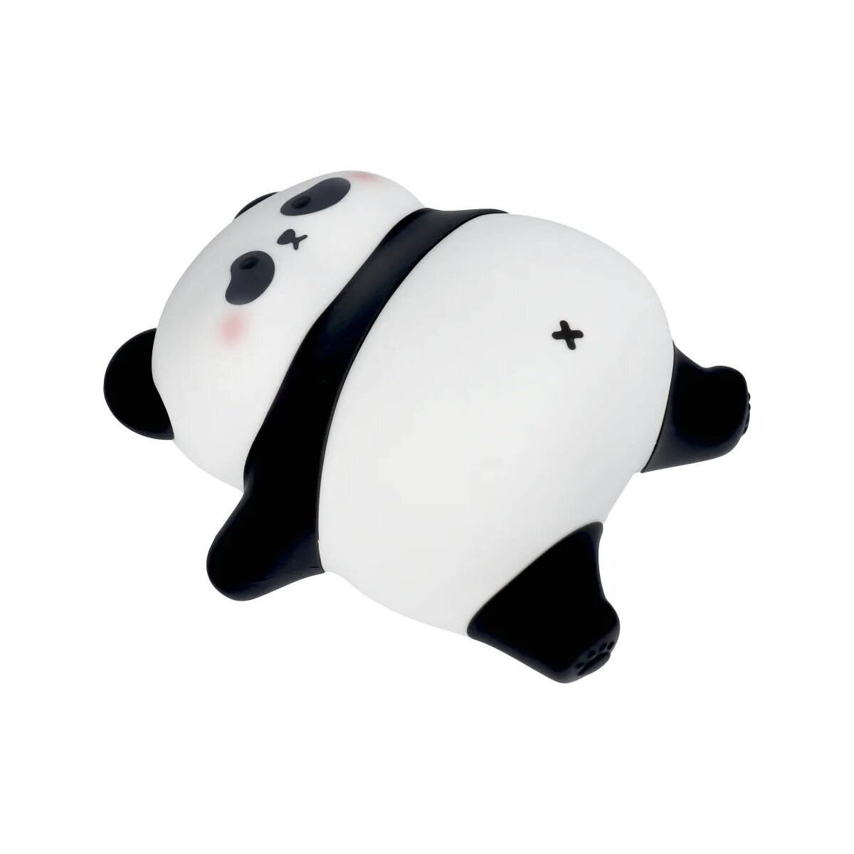 Ein Panda-förmiges Nachtlicht. Weiß und schwarz, auf dem Bauch liegend, mit einem Kreuz auf dem Rücken.