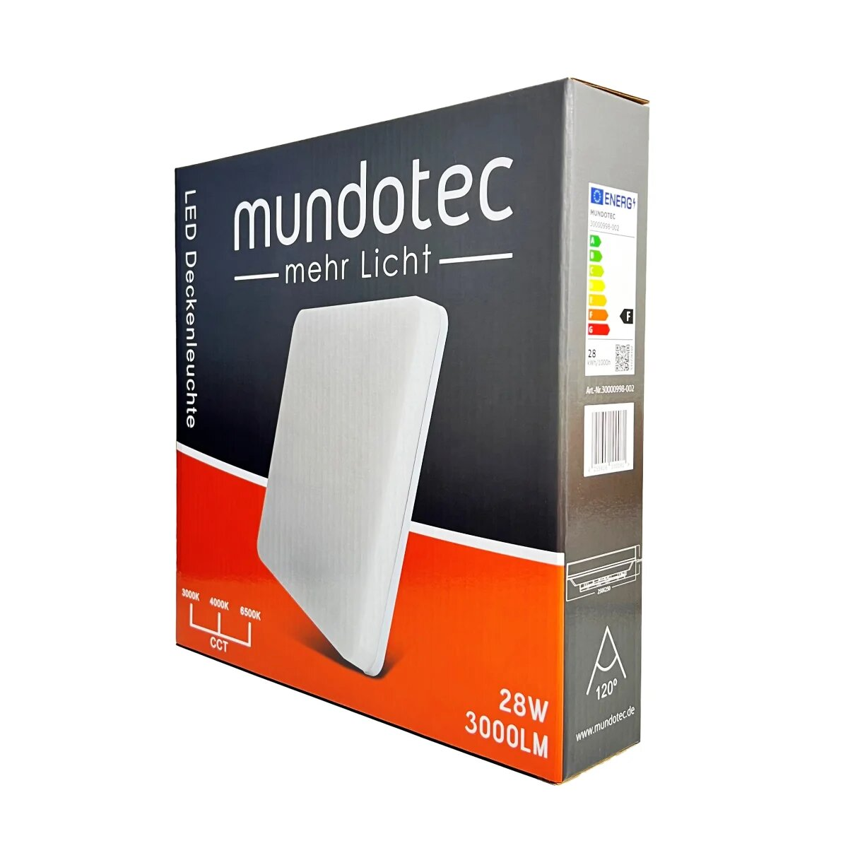 Mundotec LED Deckenleuchte Box. Die Front zeigt das Licht mit einer weißen Oberfläche.