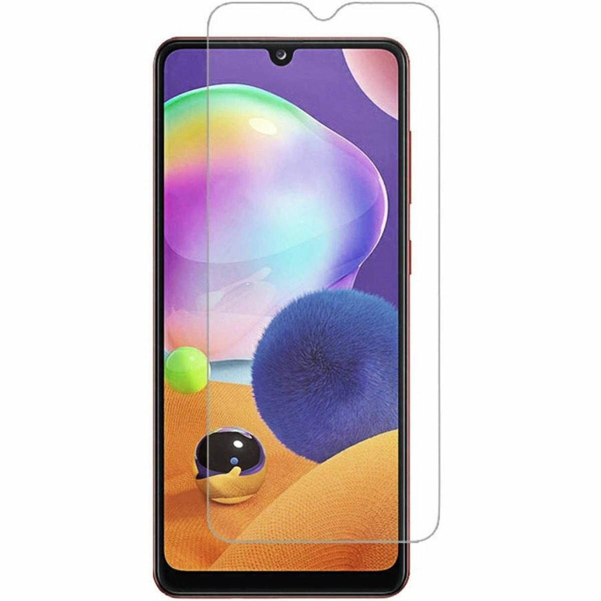 Smartphone mit Displayschutz, der einen farbenfrohen abstrakten Hintergrund zeigt. Rote Ränder. Weißer Hintergrund.