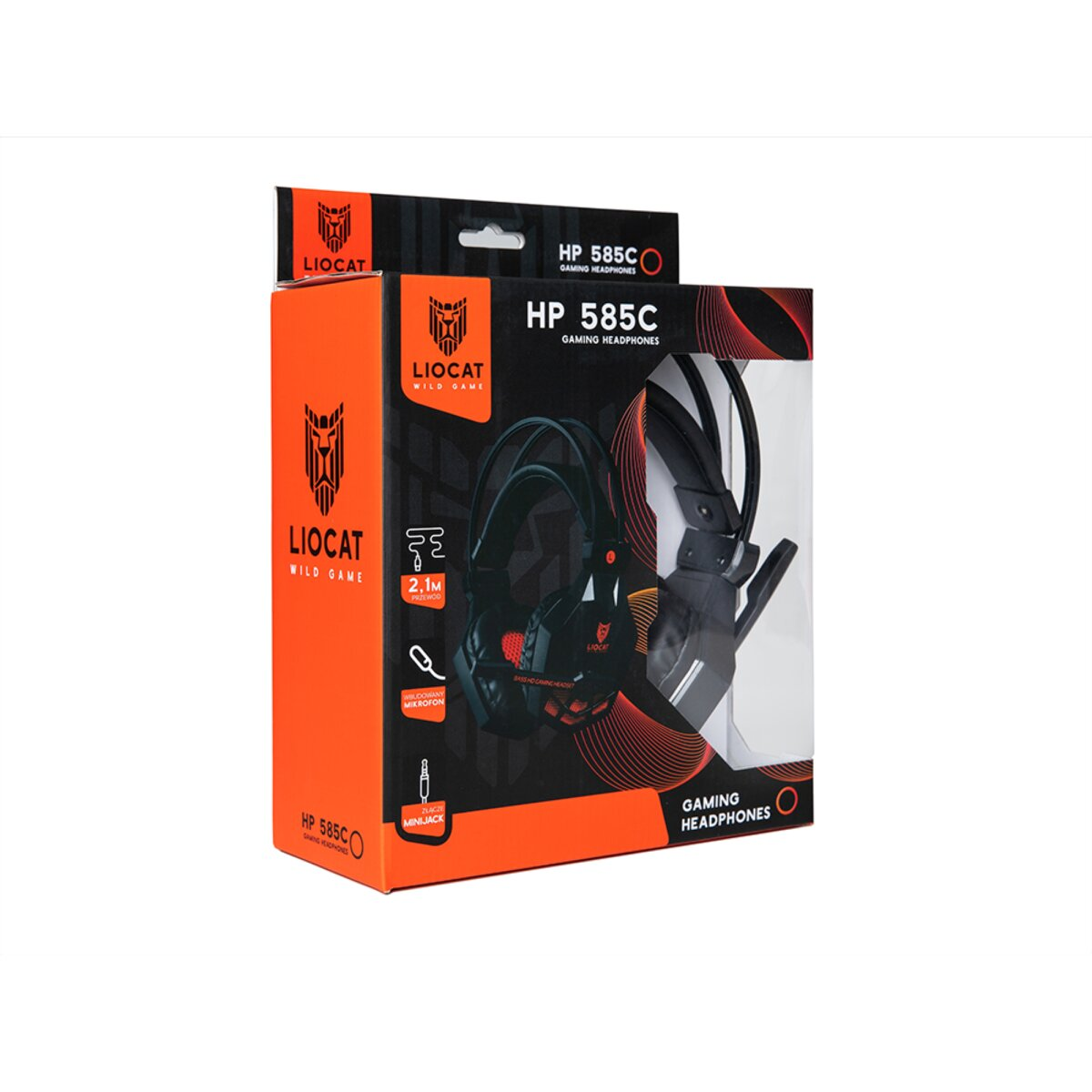 Eine Schachtel mit LIO CAT HP 585C Gaming-Kopfhörern. Die Schachtel ist orange und schwarz und zeigt ein Bild der Kopfhörer.