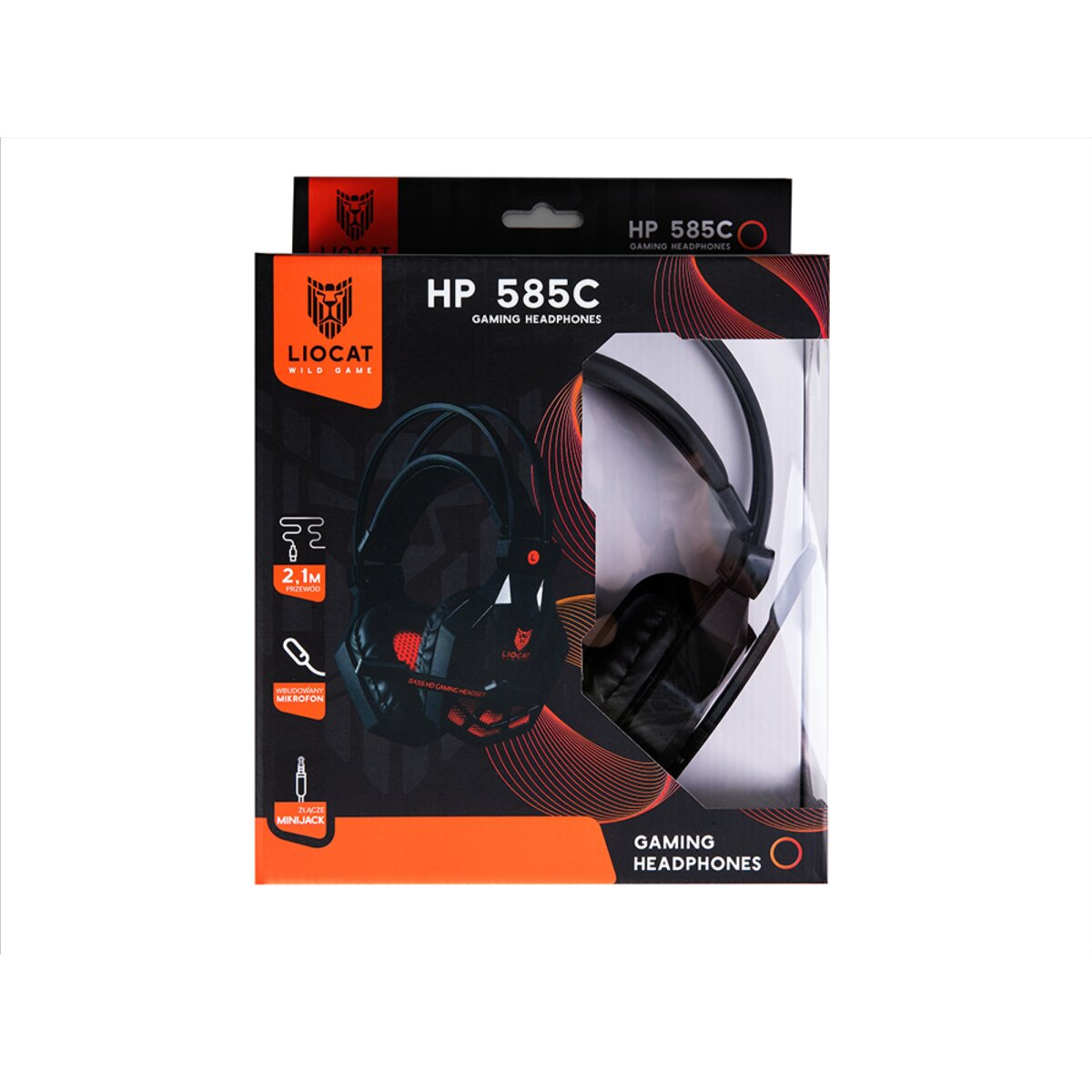 Eine Schachtel für LIO CAT HP 585C Gaming-Kopfhörer. Schwarze Kopfhörer sind durch das durchsichtige Plastik zu sehen. Die Schachtel ist schwarz und orange.