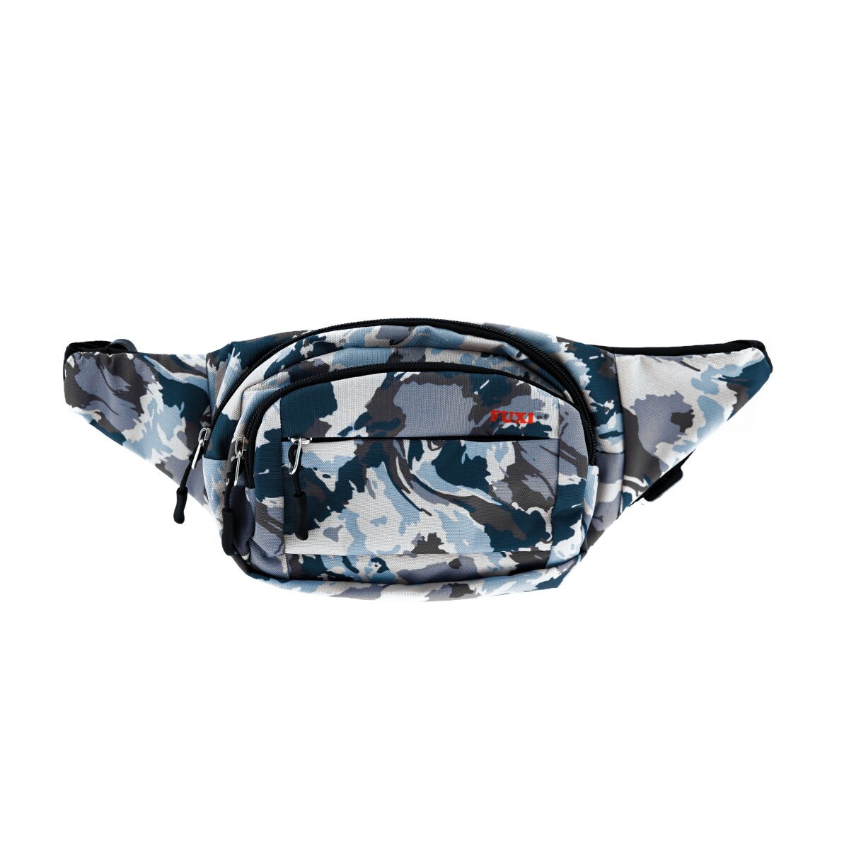 Eine blau-graue Camouflage-Gürteltasche mit Reißverschlüssen und rotem Logo.