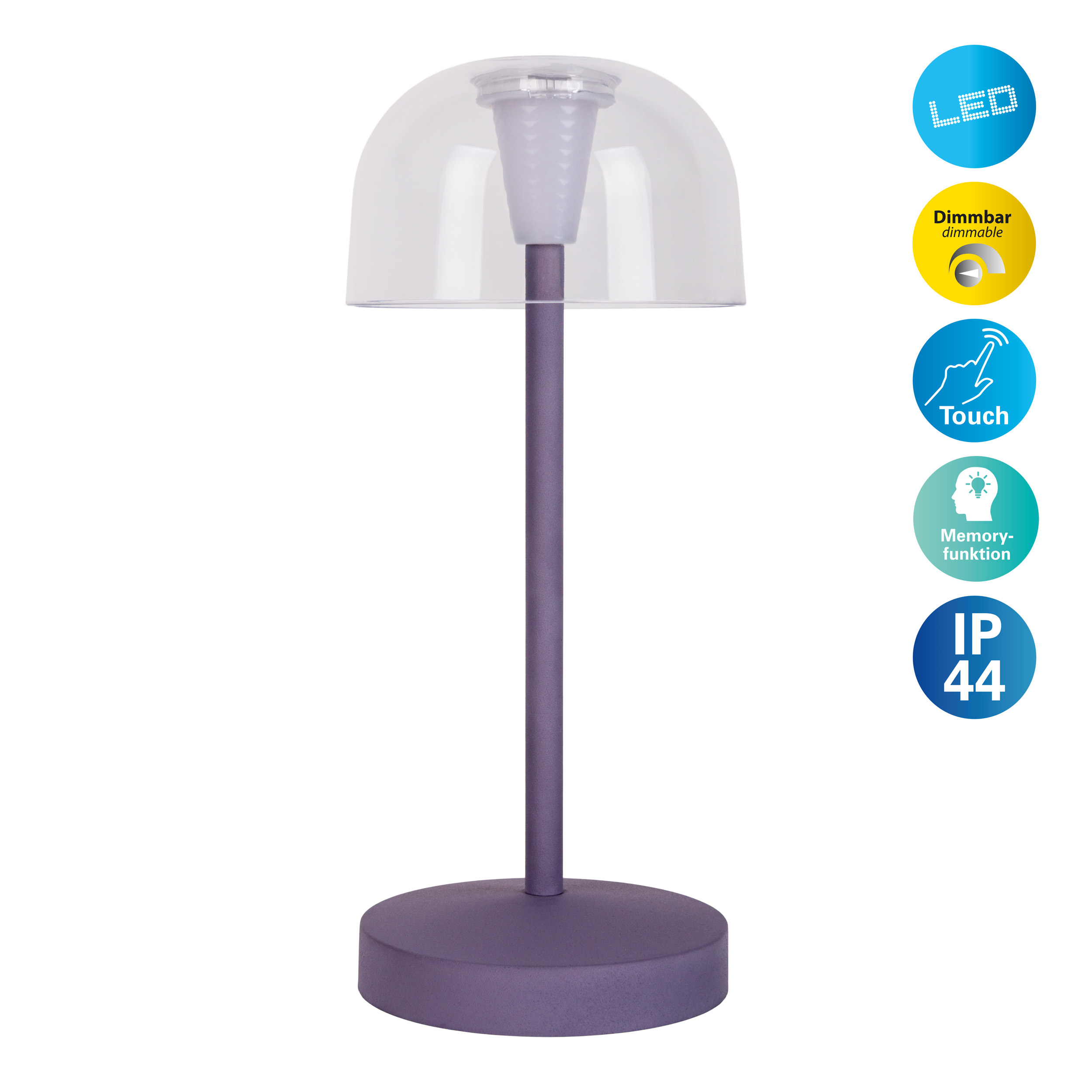 Lila Tischlampe mit klarer Kuppel, der Sockel ist rund. Es gibt Symbole für LED, Touch und Memory.