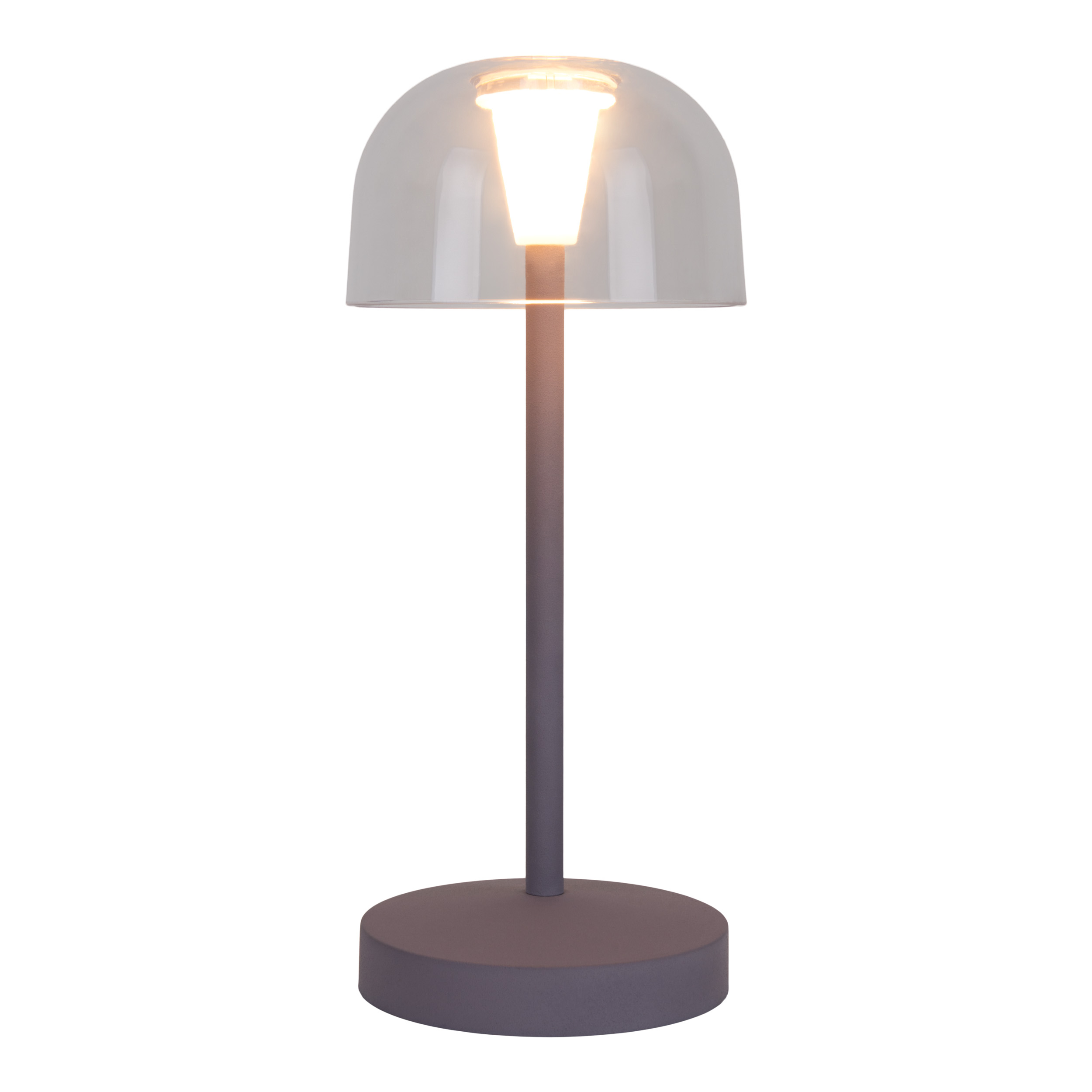 Eine Tischlampe mit einem kuppelförmigen Schirm, der Licht emittiert, auf einem grauen Sockel.