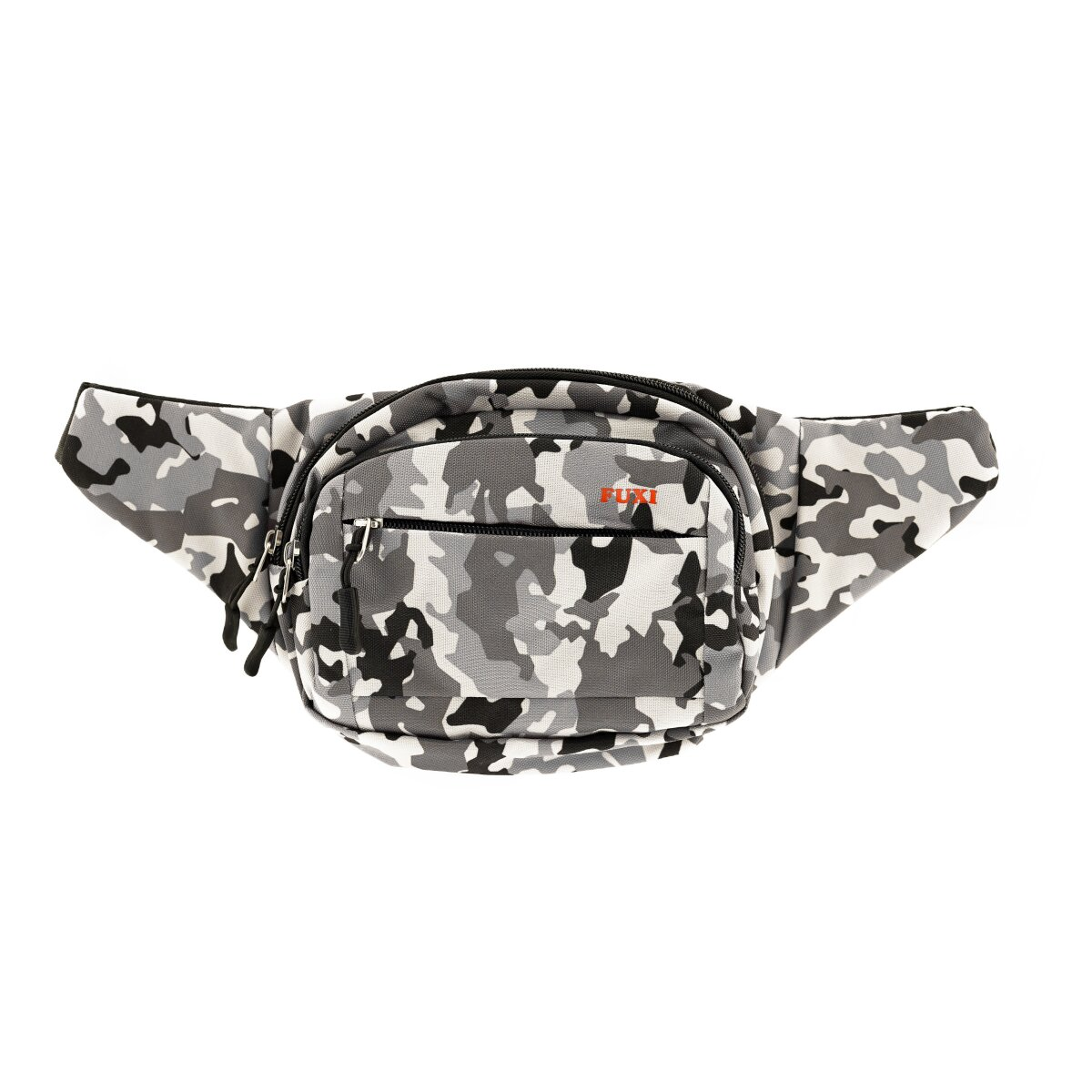 Graue Camouflage-Bauchtasche mit schwarzen Reißverschlüssen und dem Wort 'FLIKI' auf der Vorderseite.